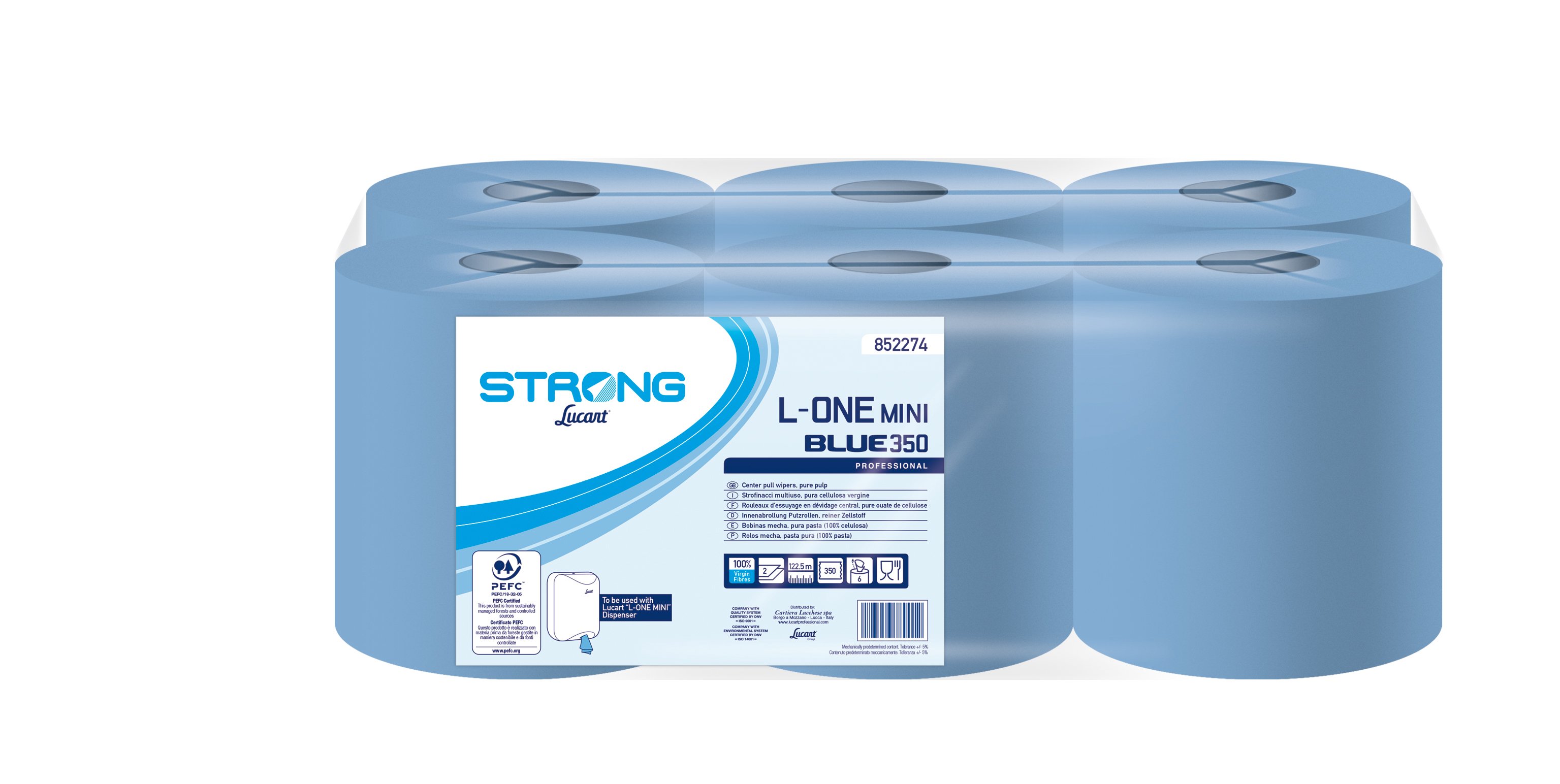 Bobine STRONG L-ONE MAXI 350 feuilles pour distributeur L-One Maxi col. Bleu - Paquet de 6 rouleaux