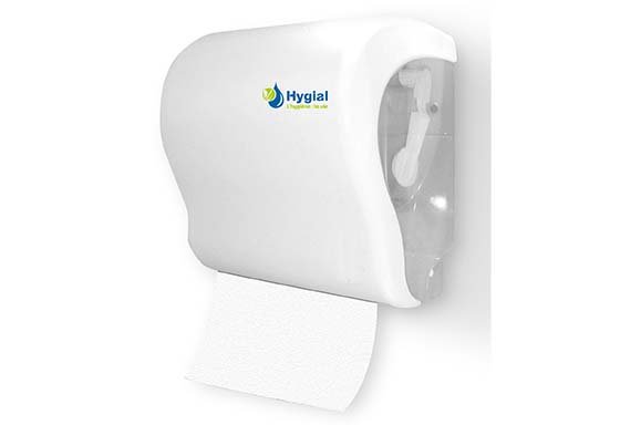 Distributeur d'essuie-mains en rouleau à découpe automatique AUTOCUT HYGIALINE avancement manuel Col. Blanc - 1PC