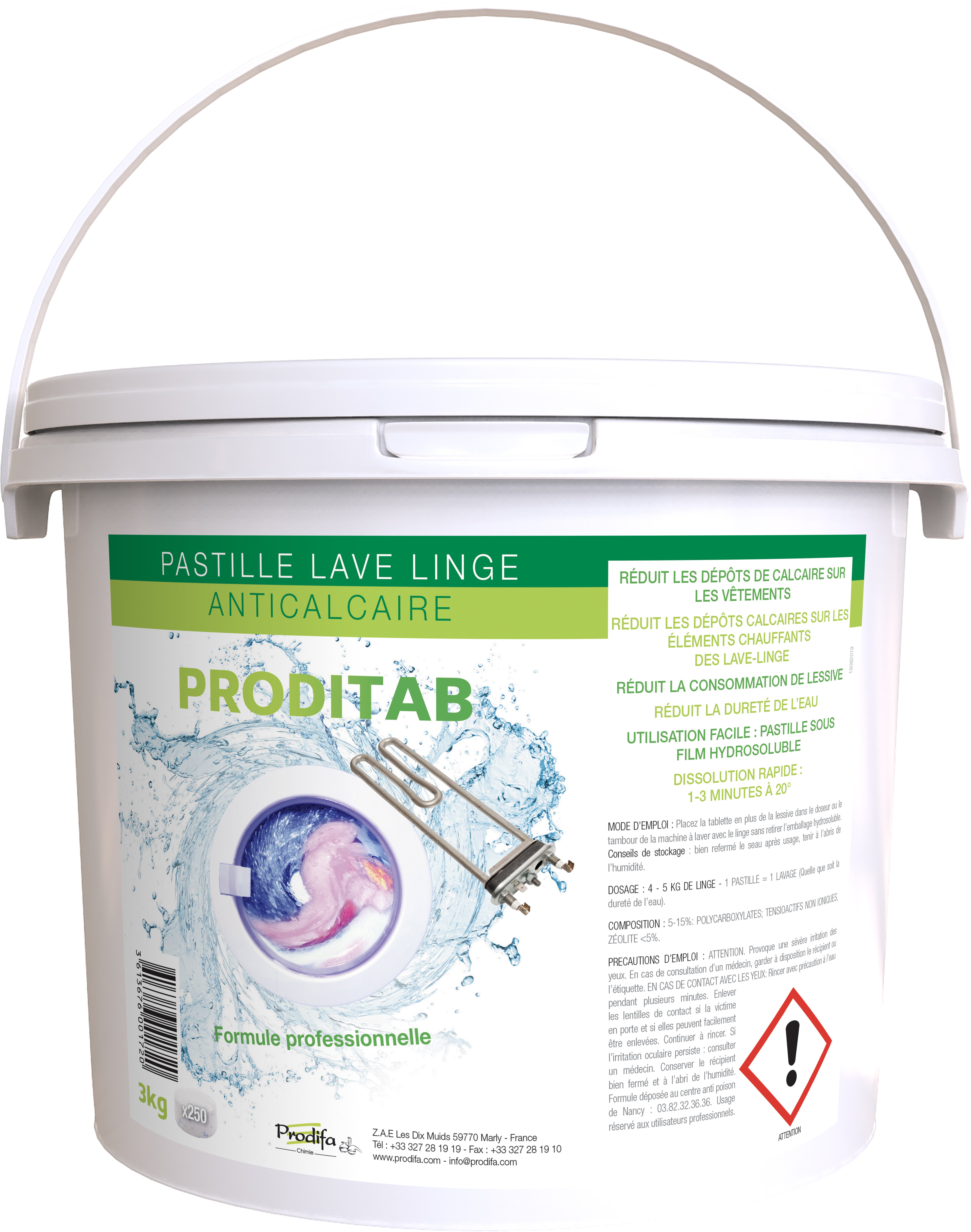 Pastilles linge anticalcaire 2 en 1 hydrosolubles PRODITAB pour linge et machine - Seau de 3Kg (250 pastilles)