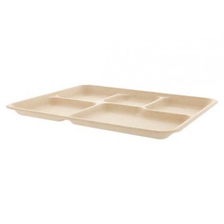 Plateau repas en bagasse 5 compartiments FEEL GREEN 26,5x21,5x2cm col. Naturel (couvercle vendu séparément) - 500PC