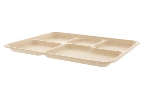 Plateau repas en bagasse 5 compartiments FEEL GREEN 26,5x21,5x2cm col. Naturel (couvercle vendu séparément) - 500PC