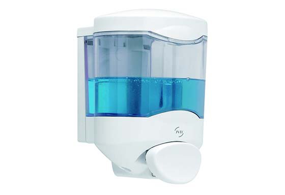 Distributeur de savon liquide ou gel système poussoir CRYSTAL 450ML col. Blanc/transparent