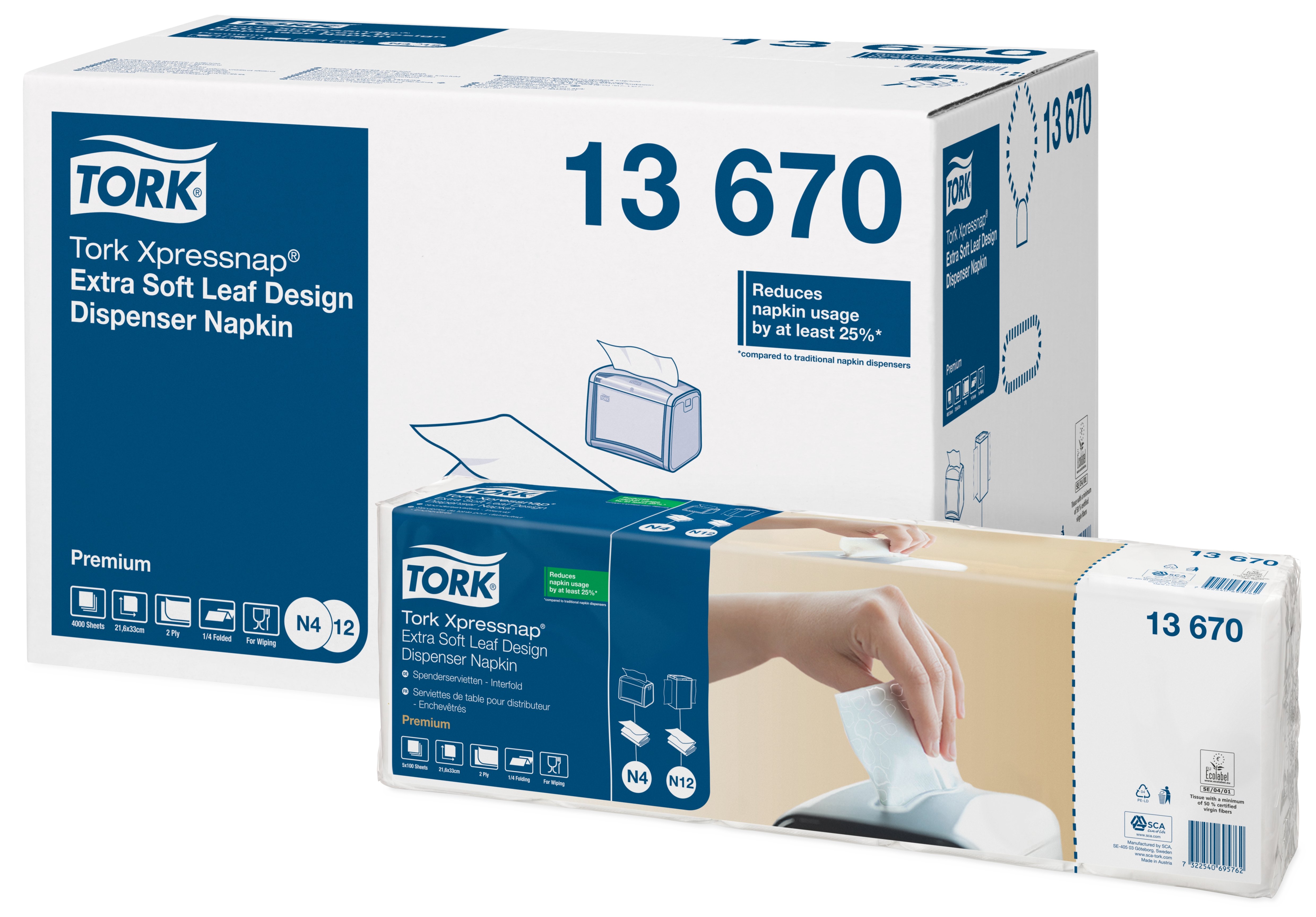 Serviette jetable pure ouate extra douce 2 plis TORK XPRESSNAP 21,3X33 cm Col. Blanc - Colis de 4000 (40x100)